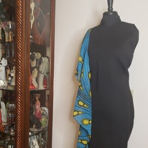 Elegant One Shoulder Black Dress with Blue Pattern